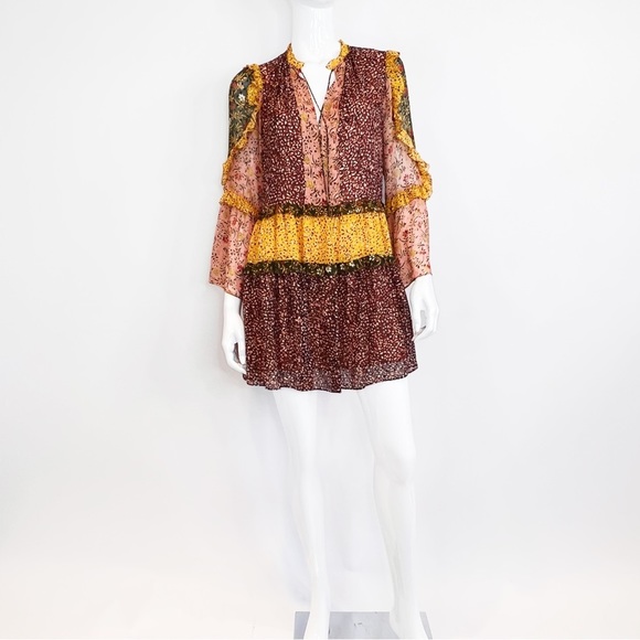 BOHO Fall Ruffle Floral Bohemian Mini Dress Size 4 - Picture 9 of 15